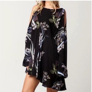 Free People Black Floral Asymmetrical Tunic Dress Sleeveless Boho Mini Size M